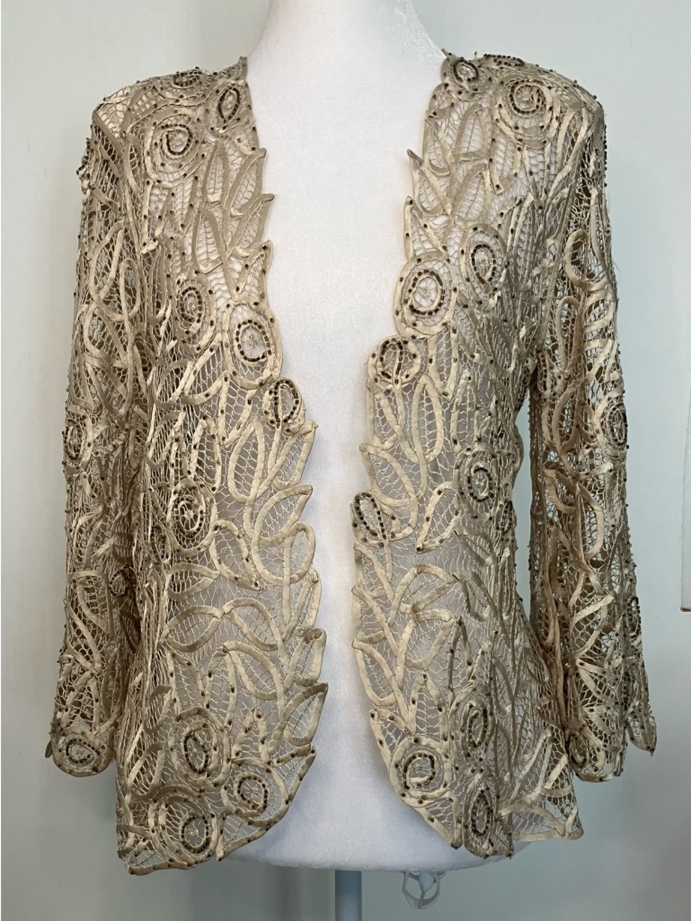 Vintage Soulmates Silk Jacket Small Tan Crocheted Lace Beaded Romantic Dainty